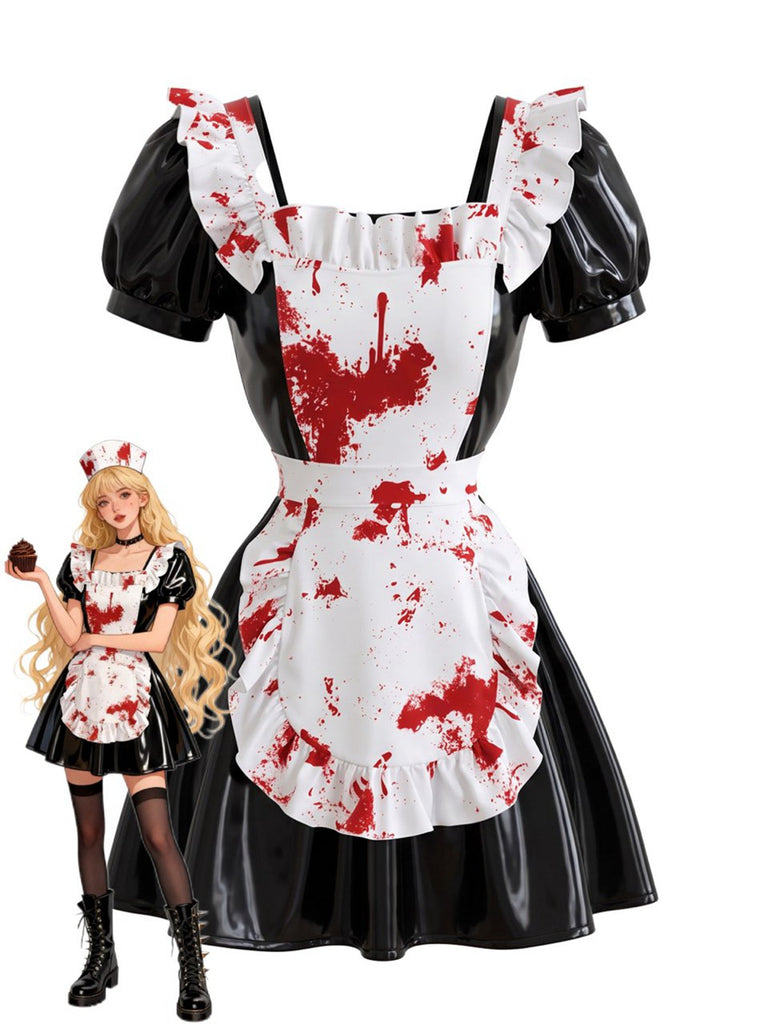 Schwarzes 50er Dienstmädchenkleid mit Lack-Optik und Blutspritzern
