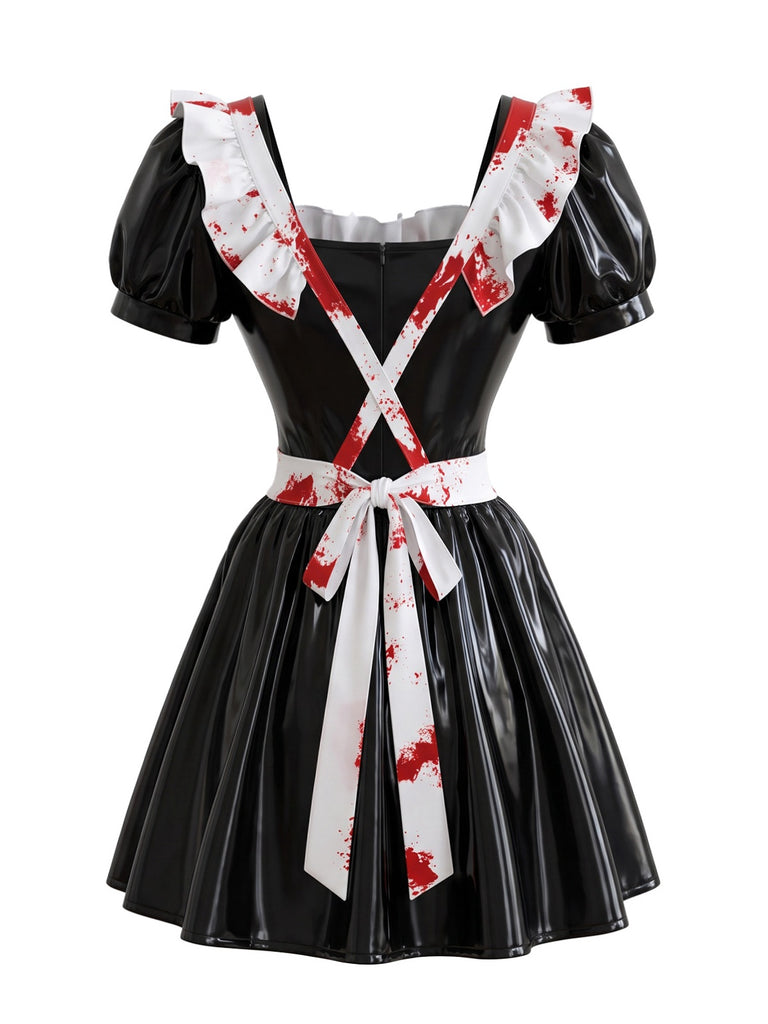 Schwarzes 50er Dienstmädchenkleid mit Lack-Optik und Blutspritzern