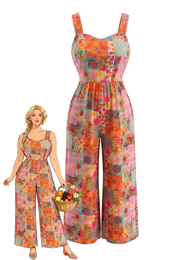 [Übergröße] Bunter 70er Jumpsuit mit Patchwork-Blumenmuster und weitem Bein