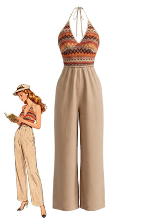 Khaki 70er Jumpsuit mit Neckholder und Print