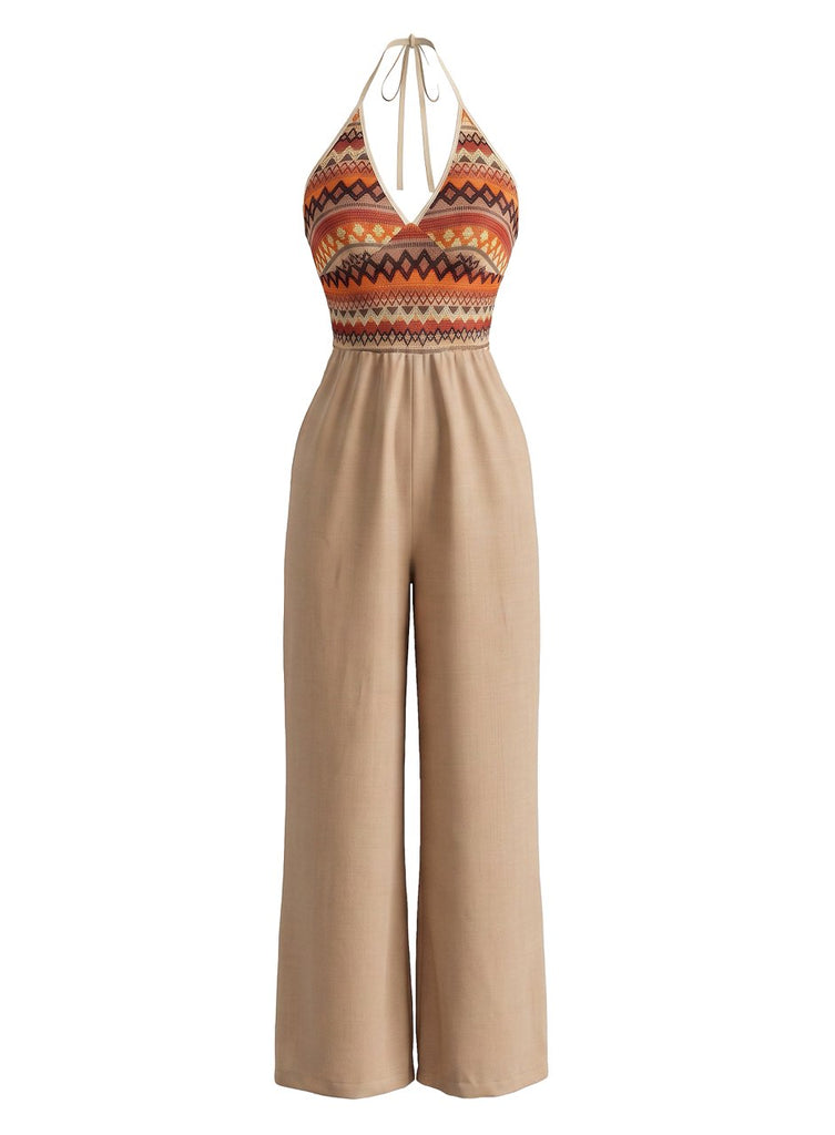 Khaki 70er Jumpsuit mit Neckholder und Print