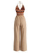 Khaki 70er Jumpsuit mit Neckholder und Print