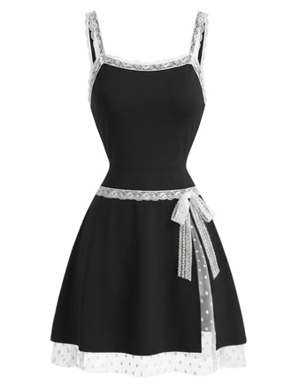 Schwarzes & Weißes 60er Kleid mit Schleife und Spitze