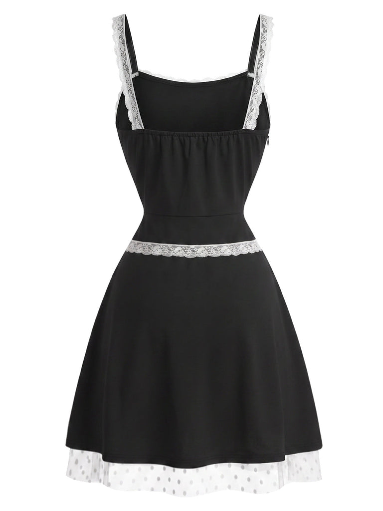 Schwarzes & Weißes 60er Kleid mit Schleife und Spitze