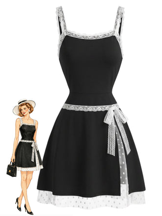 Schwarzes & Weißes 60er Kleid mit Schleife und Spitze