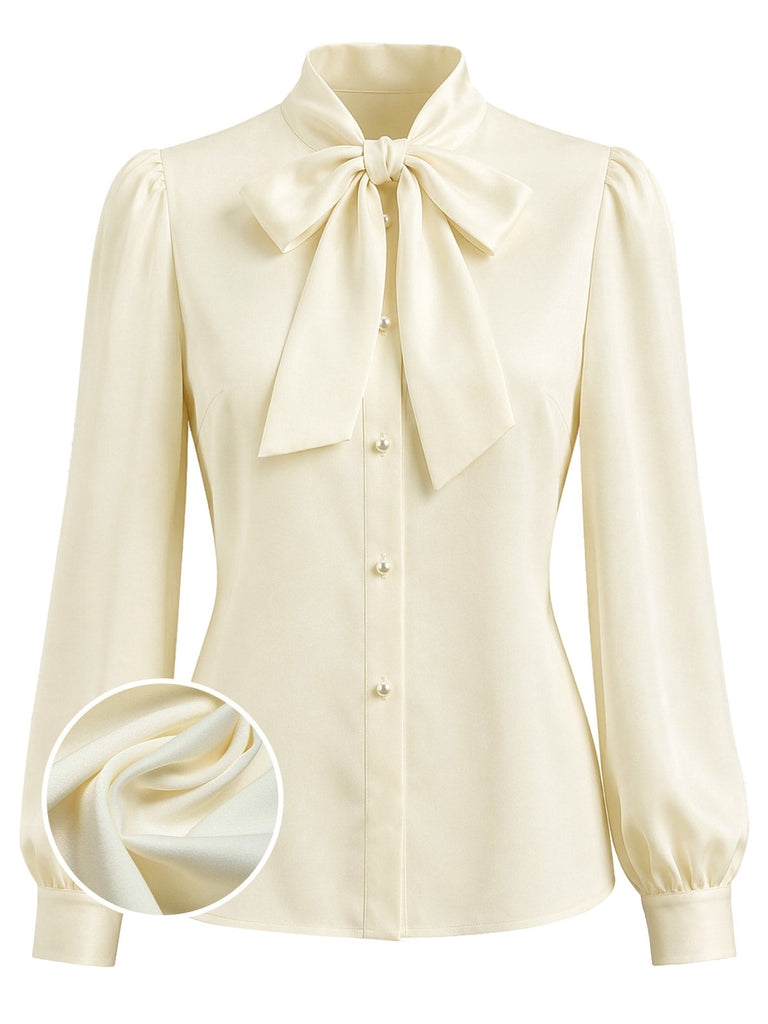 Cremefarbene 40er Bluse mit Schleife und Langarm