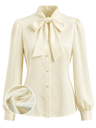 Cremefarbene 40er Bluse mit Schleife und Langarm