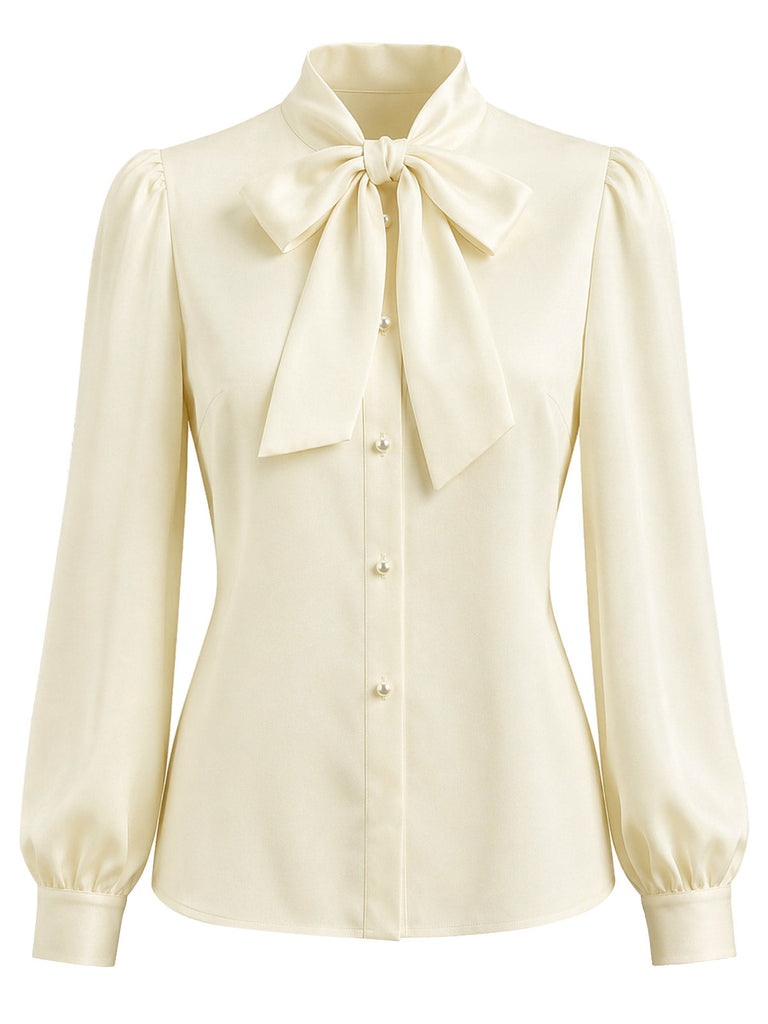 Cremefarbene 40er Bluse mit Schleife und Langarm