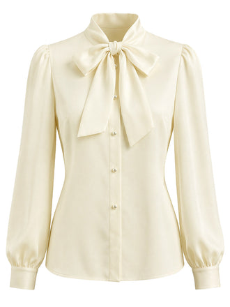 Cremefarbene 40er Bluse mit Schleife und Langarm