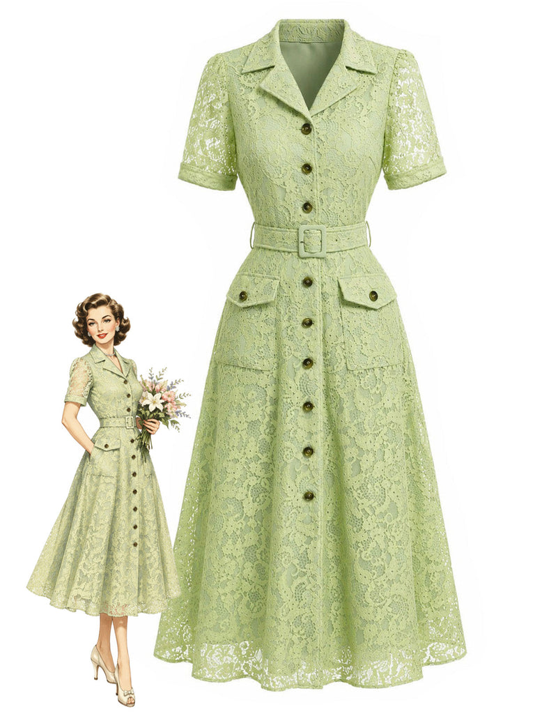 40er Shirtkleid mit Reverskragen und Spitze