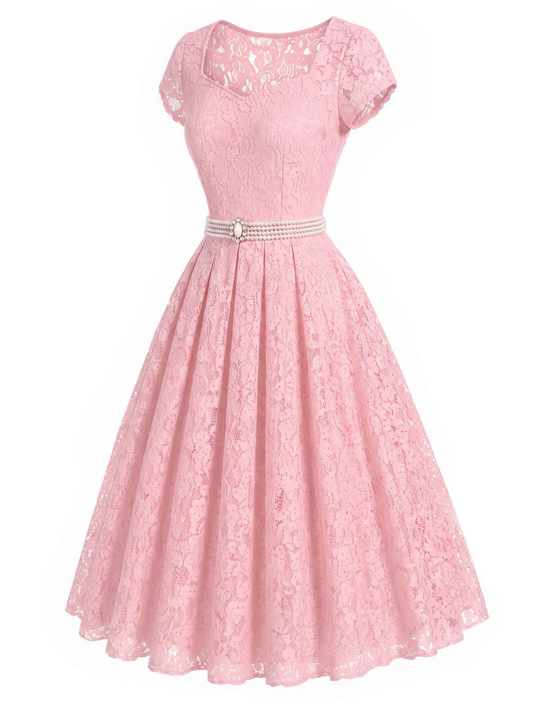 Rosa 50er Kleid mit Herzausschnitt und Spitze