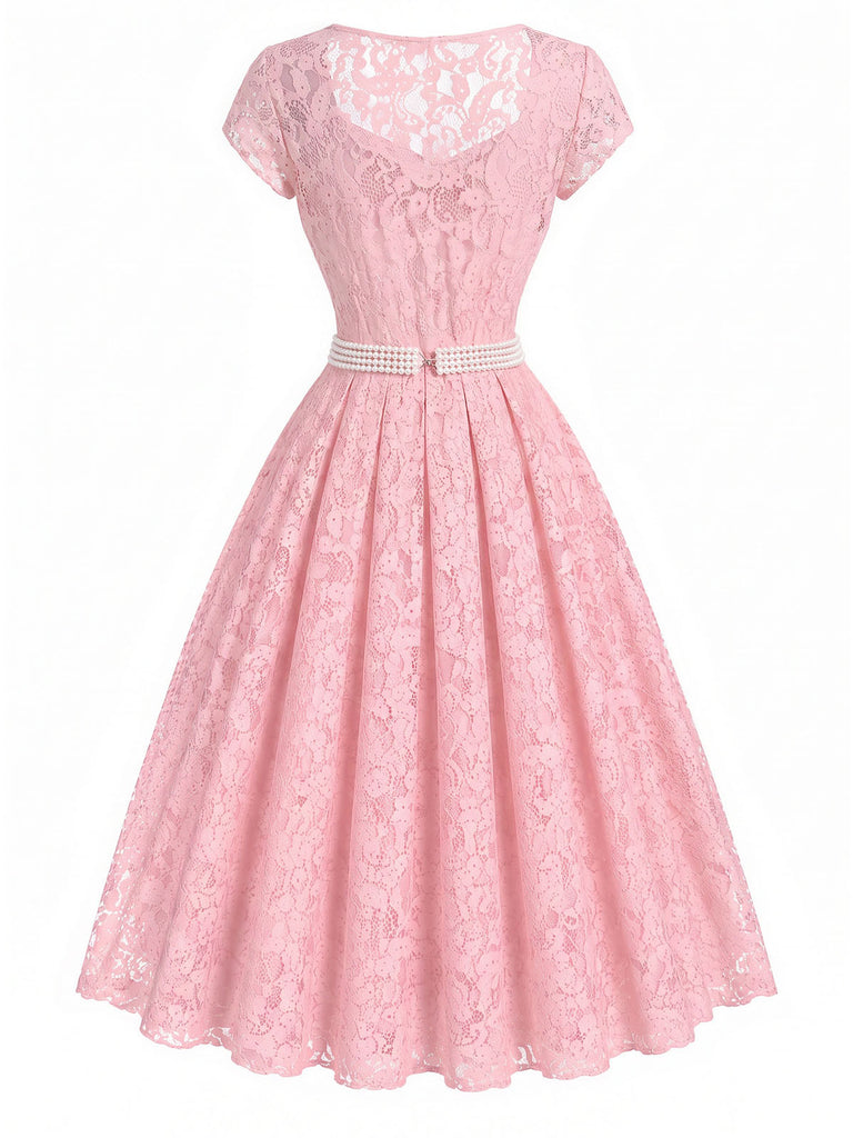 Rosa 50er Kleid mit Herzausschnitt und Spitze
