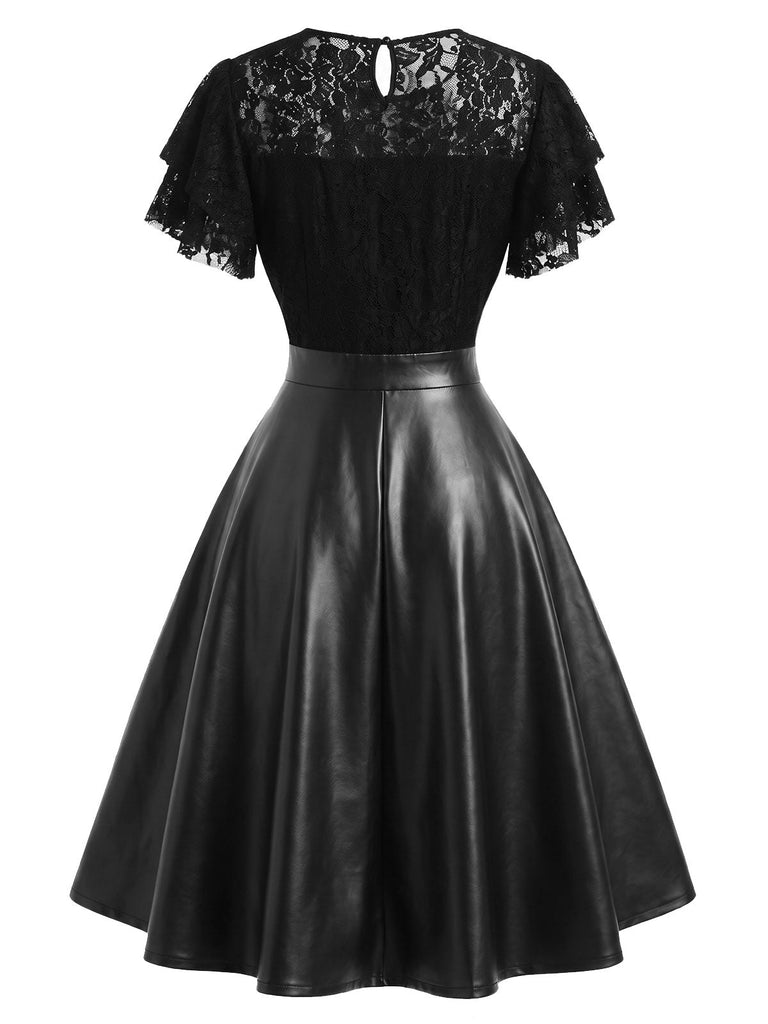 Schwarzes 50er Leder-Kleid mit Spitze
