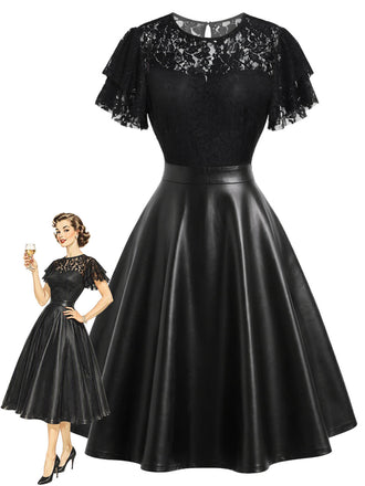 Schwarzes 50er Leder-Kleid mit Spitze
