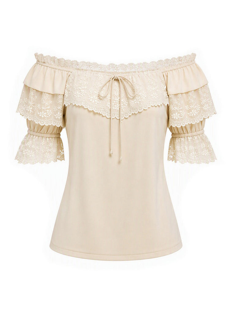 Beiges 70er Top & Rock Set mit Spitze und Rüschen