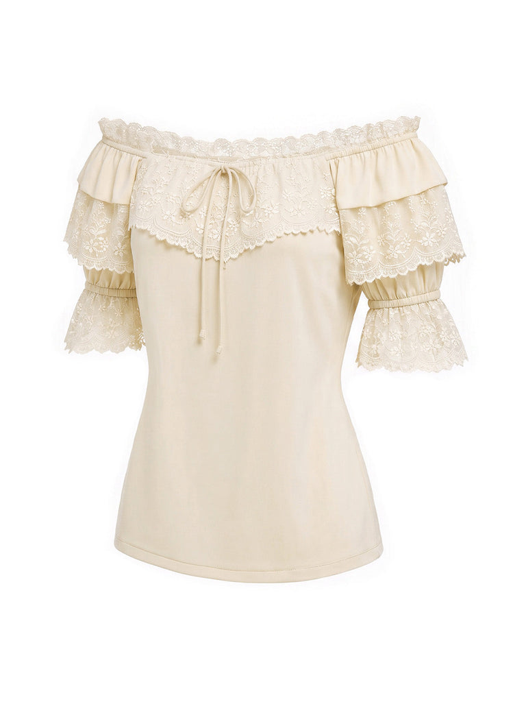 Beiges 70er Top & Rock Set mit Spitze und Rüschen