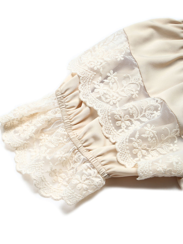 Beige 70er schulterfreies Bluse mit Rüschen und Spitze