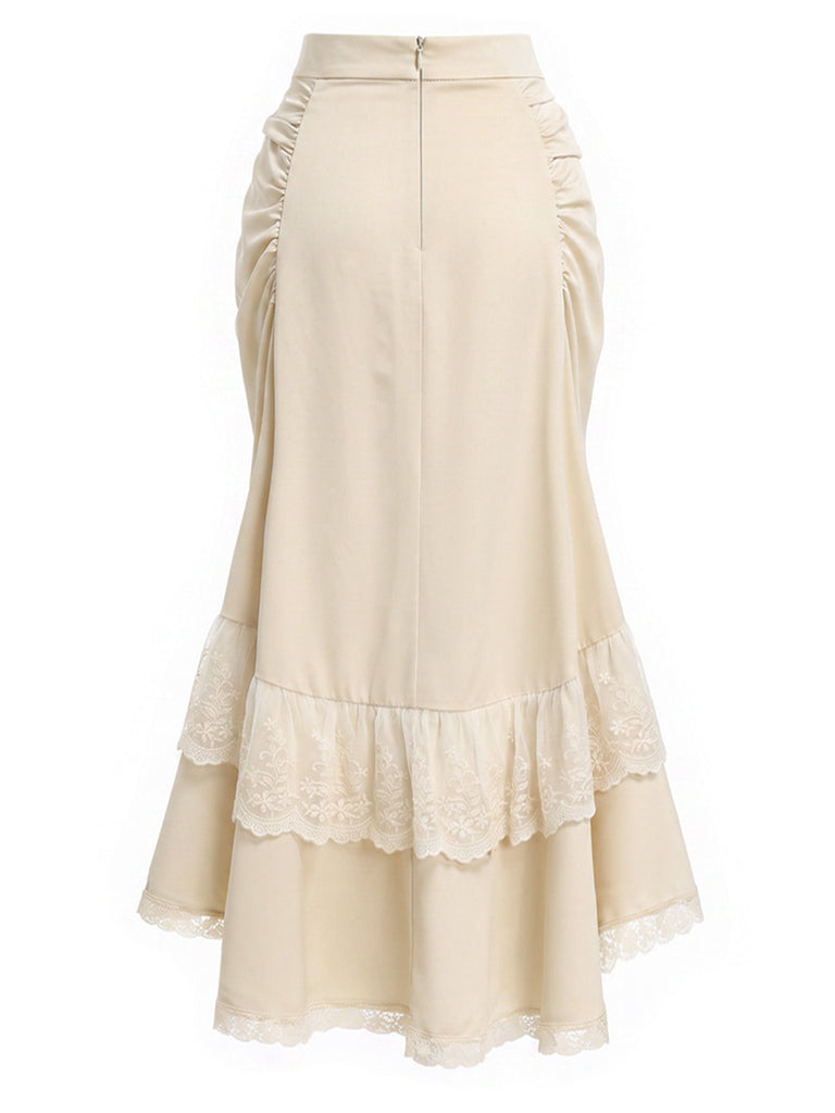 Beige 70er Rock mit Rüschen und Hohe Taille
