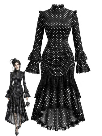 70er Gothic Kleid mit Polka-Dots und Spitzen-Patchwork