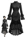 70er Gothic Kleid mit Polka-Dots und Spitzen-Patchwork