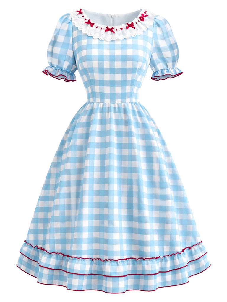 Weißes & Blaues 40er Kleid mit Rüschen und Schleife
