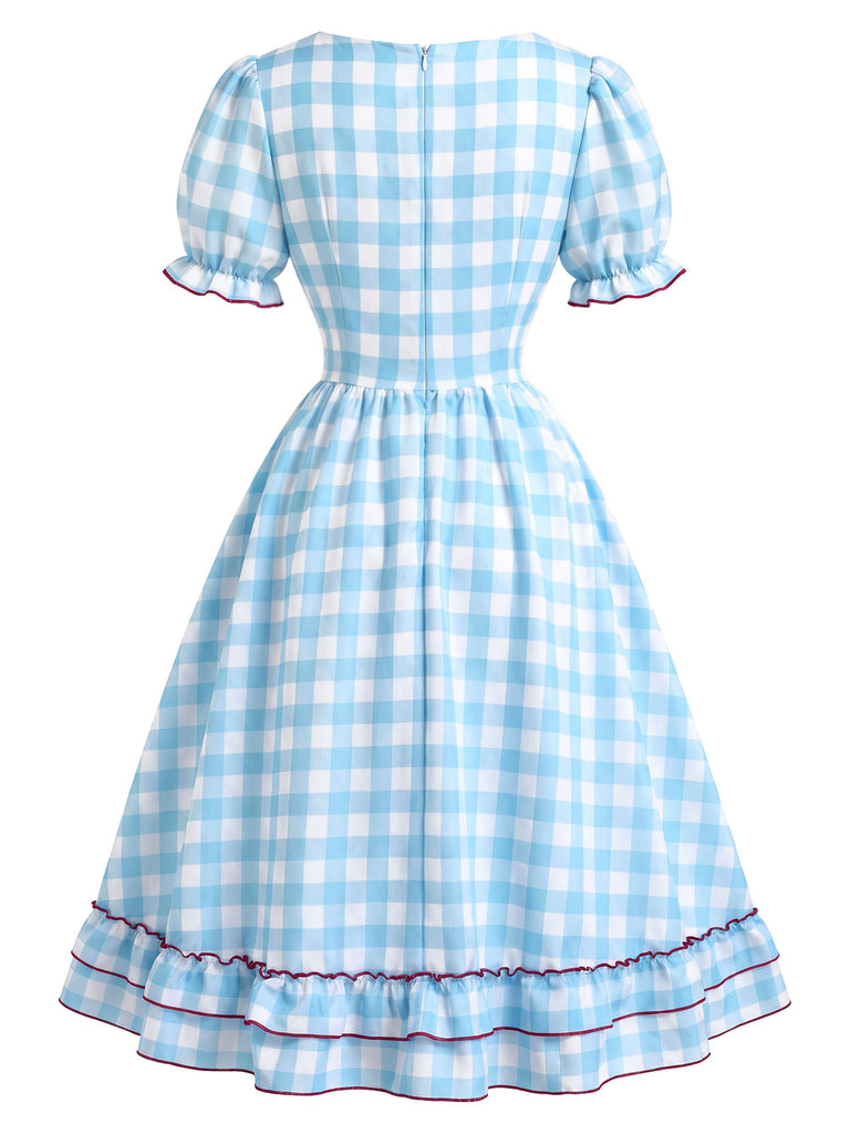 Weißes & Blaues 40er Kleid mit Rüschen und Schleife