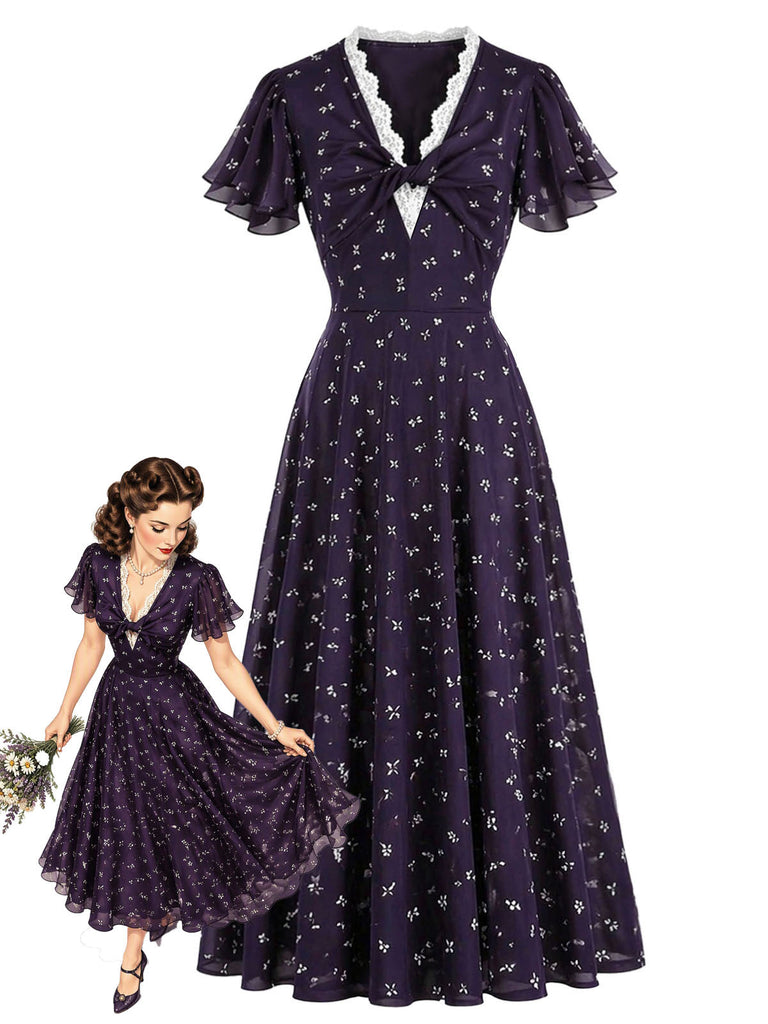 Dunkelviolettes 30er Blumenkleid mit V-Ausschnitt und Spitzenbesatz