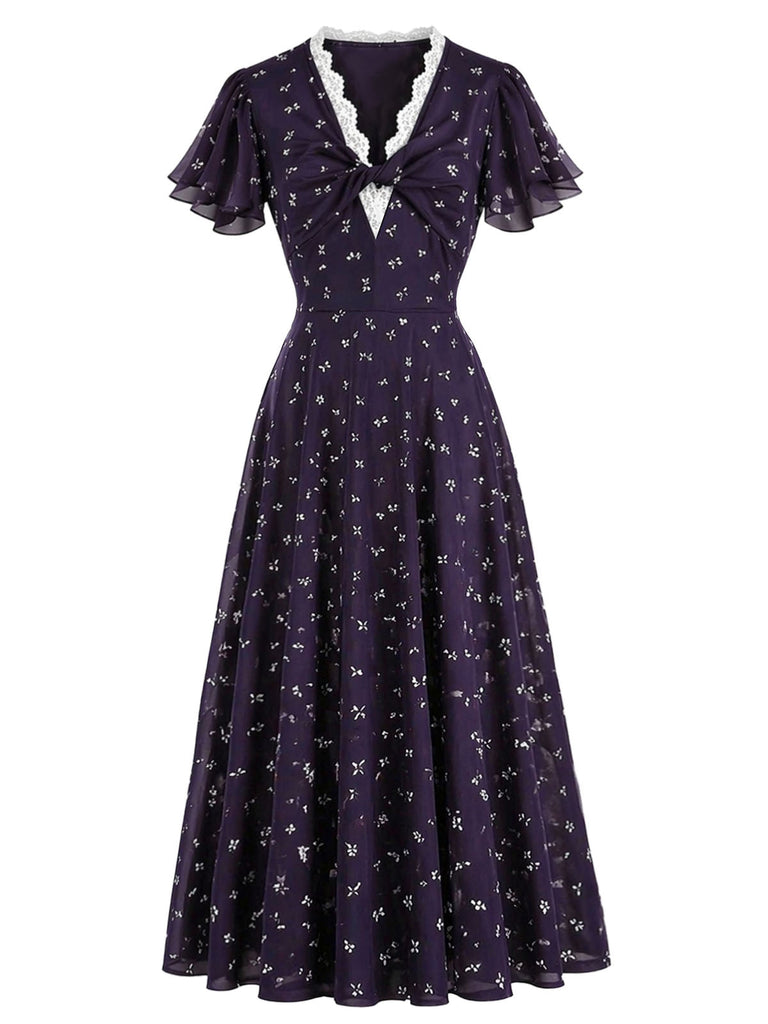 Dunkelviolettes 30er Blumenkleid mit V-Ausschnitt und Spitzenbesatz