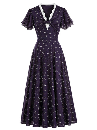 Dunkelviolettes 30er Blumenkleid mit V-Ausschnitt und Spitzenbesatz