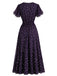 Dunkelviolettes 30er Blumenkleid mit V-Ausschnitt und Spitzenbesatz