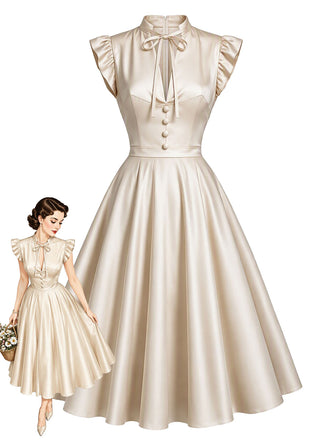 Beige 50er Satin-Swingkleid mit Flügelärmeln und V-Ausschnitt