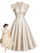 Beige 50er Satin-Swingkleid mit Flügelärmeln und V-Ausschnitt