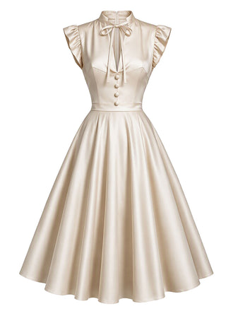 Beige 50er Satin-Swingkleid mit Flügelärmeln und V-Ausschnitt