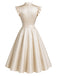 Beige 50er Satin-Swingkleid mit Flügelärmeln und V-Ausschnitt