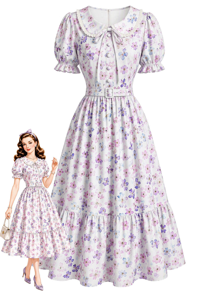 Grauviolettes 40er Blumenkleid mit Bubikragen und Puffärmeln
