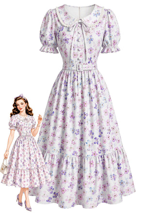 Grauviolettes 40er Blumenkleid mit Bubikragen und Puffärmeln