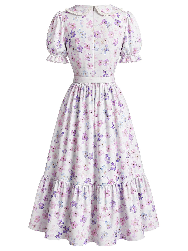 Grauviolettes 40er Blumenkleid mit Bubikragen und Puffärmeln