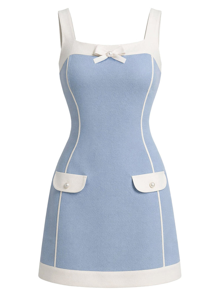 Blaues 60er Kleid mit Eckiger Ausschnitt und Schleife