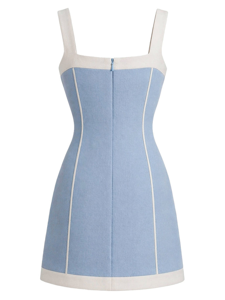 Blaues 60er Kleid mit Eckiger Ausschnitt und Schleife