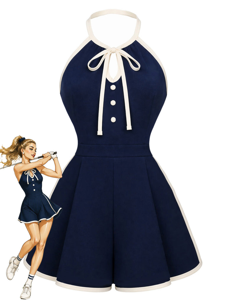 Marineblauer 70er Romper mit Neckholder und Vorderbindung
