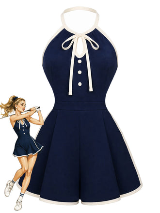 Marineblauer 70er Romper mit Neckholder und Vorderbindung