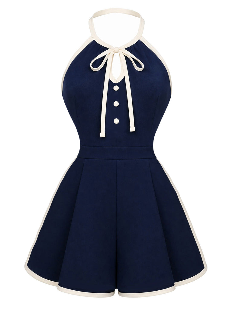 Marineblauer 70er Romper mit Neckholder und Vorderbindung