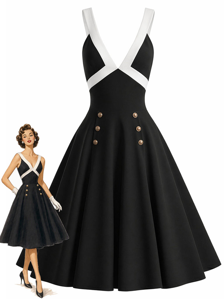 Schwarzes 50er Swingkleid mit tiefem V-Ausschnitt