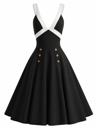 Schwarzes 50er Swingkleid mit tiefem V-Ausschnitt