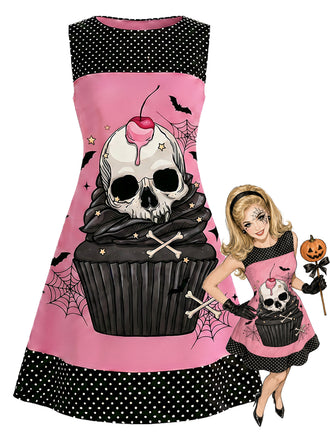 Rosa 60er Kleid mit Totenkopf-Cupcake-Print