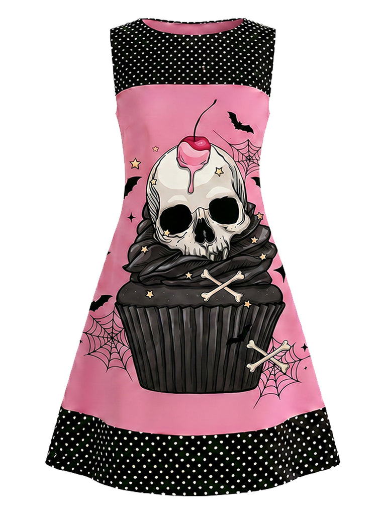 Rosa 60er Kleid mit Totenkopf-Cupcake-Print
