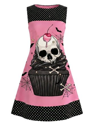 Rosa 60er Kleid mit Totenkopf-Cupcake-Print
