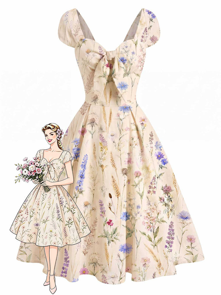 [Vorverkauf] Beige 50er Kleid mit Wildblumen und Schleife
