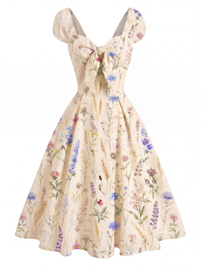 [Vorverkauf] Beige 50er Kleid mit Wildblumen und Schleife
