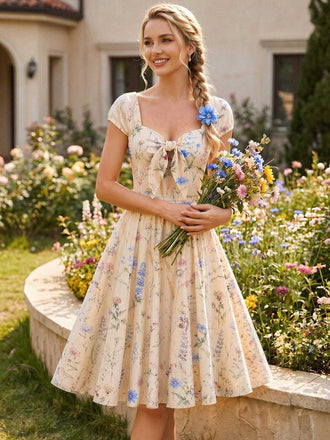 [Vorverkauf] Beige 50er Kleid mit Wildblumen und Schleife